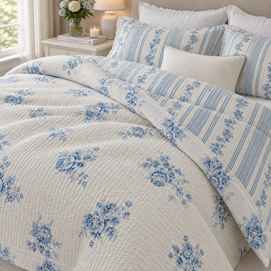 Porcelain Blue Floral Mattress Pad